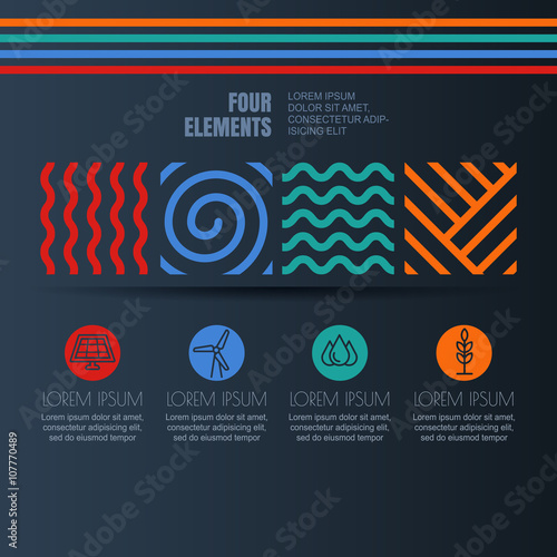 Vector infographics design. Four elements abstract linear symbols and alternative energy icons on black background. Template for business, brochure, presentation, environmental and ecology themes.