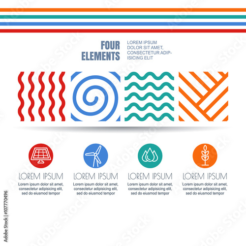 Vector infographics design. Four elements abstract linear symbols and alternative energy icons on white background. Template for business, brochure, presentation, environmental and ecology themes.