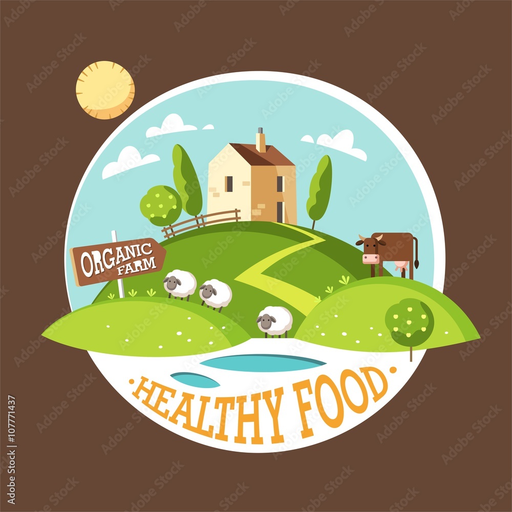 Spring and summer landscape, farm landscape, rural scenery. Organic farm. Healthy food. Vector illustration. Spring and summer landscape, farm landscape, rural scenery. Organic farm. Healthy food. Vector illustration.