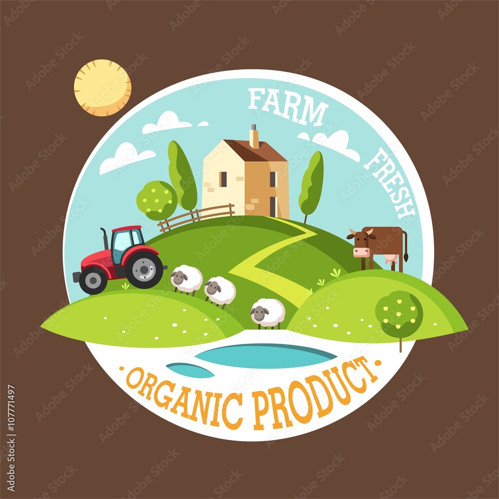 Organic product. Farm fresh. Summer rural landscape. Vector illustration concept.