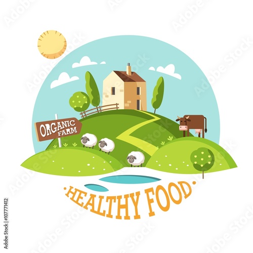 Spring and summer landscape, farm landscape, rural scenery. Organic farm. Healthy food. Vector illustration.