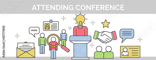 Thin line scribble banner for attending a conference meeting, making conference reports, networking