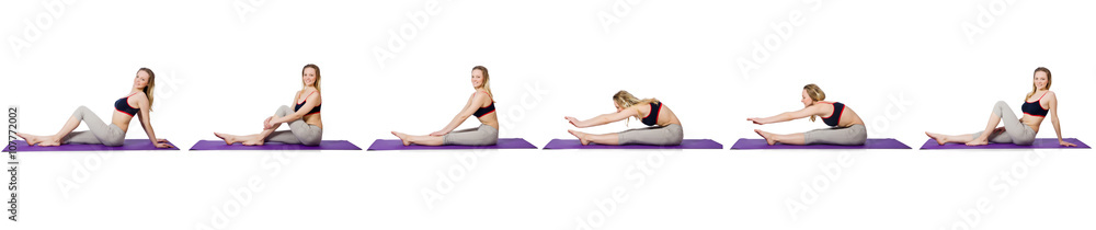Young female doing exercises on white Young female doing exercises on white