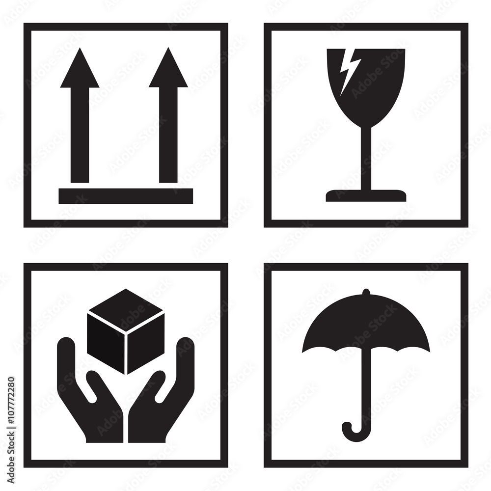 Fragile signs or packaging icon set. Black fragility signs isolated on ...