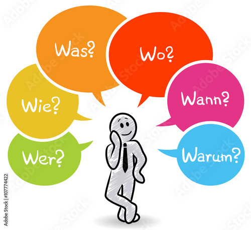 Nachdenkliches Strichmännchen mit sechs bunten Sprechblasen: Wer? Wie? Was? Wo? Wann? Warum? / Zeichnung, schraffiert, Vektor, freigestellt