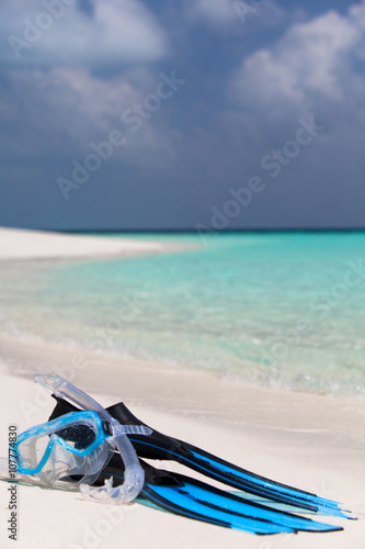 palmes et masque de plongée au bord de l'eau sur une plage paradisiaque © plprod