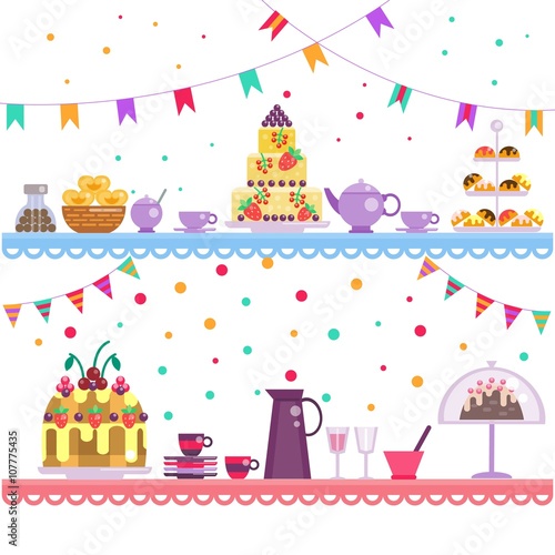 Birthday party. Cake and drinks  sweets and dessert  teapot and cups on the table. children s party.     Event day. Birthday food
