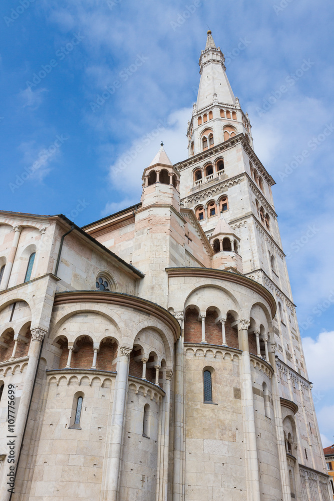Back view of the cathedral of Modena with the bell tower named Ghirlandina; UNESCO site