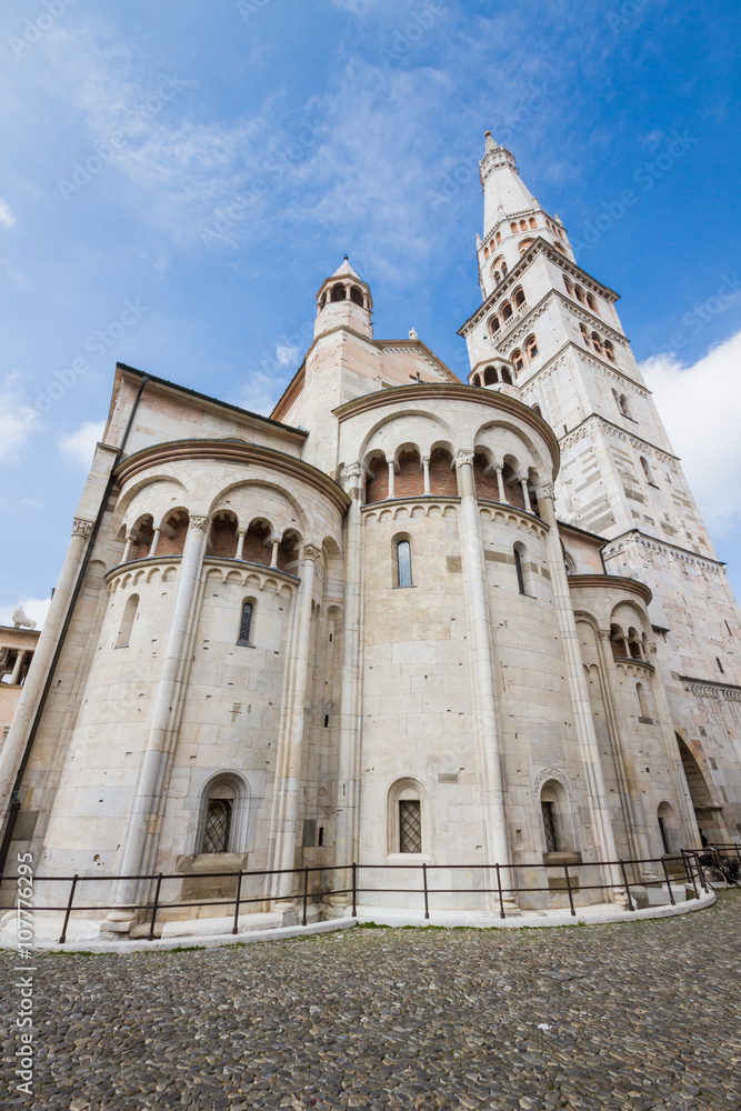 Back view of the cathedral of Modena with the bell tower named Ghirlandina; UNESCO site