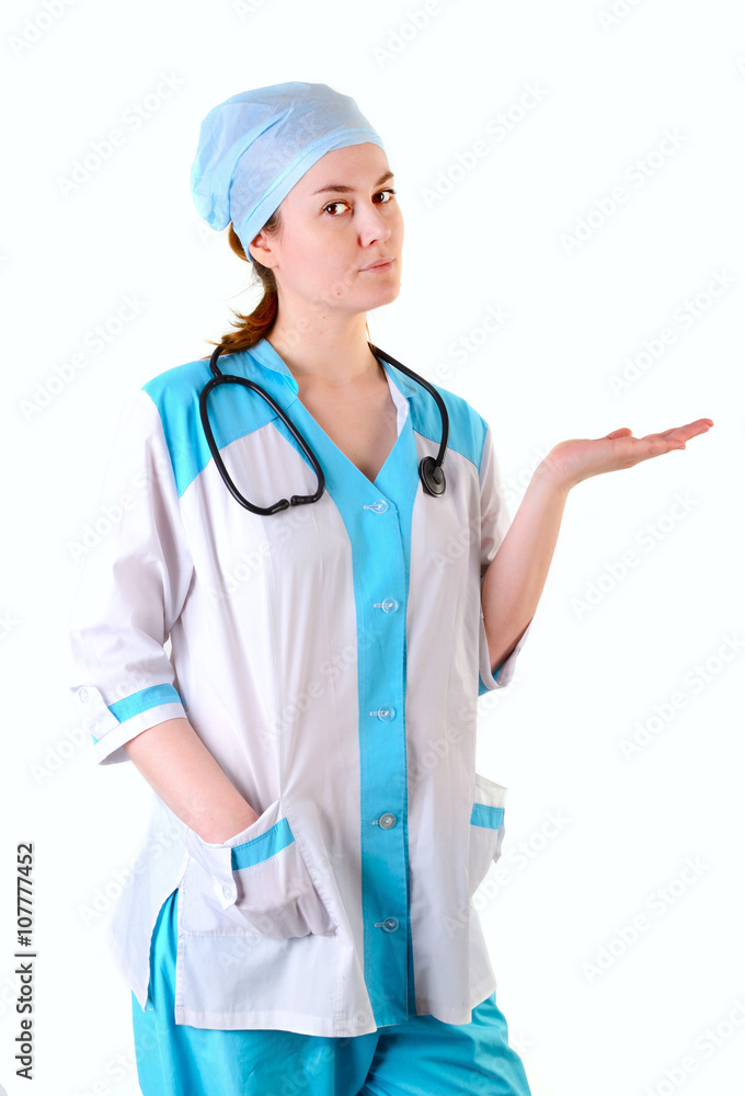 Beautiful female doctor showing blank area for sign or copyspace, isolated over white background Beautiful female doctor showing blank area for sign or copyspace, isolated over white background