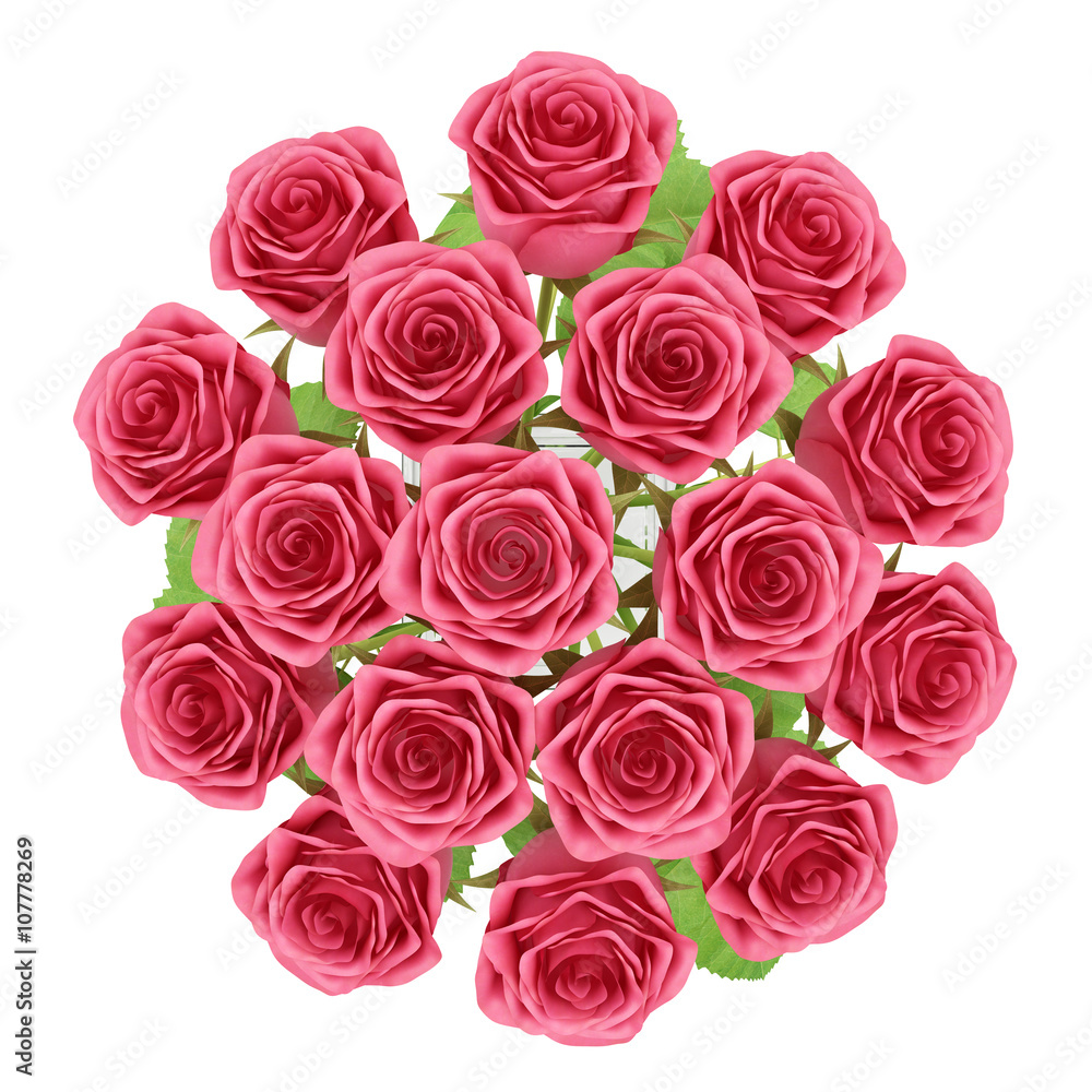 top view of red roses in glass vase isolated on white background