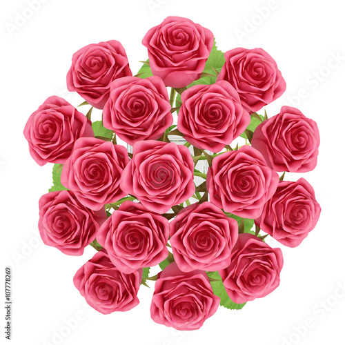 top view of red roses in glass vase isolated on white background