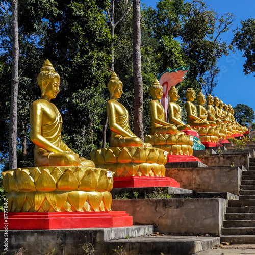 Golden Buddhas at the stairs to Wat Lung Pa Yai photo