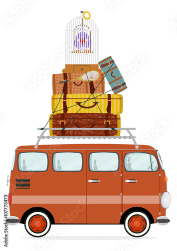 Holiday. Funny cartoon minivan with suitcases on a white background. Flat vector