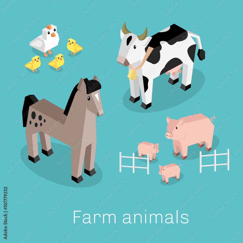 Farm Animal Set Isometric 3d Design