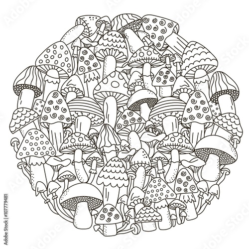 Circle shape pattern with fantasy mushrooms for coloring book