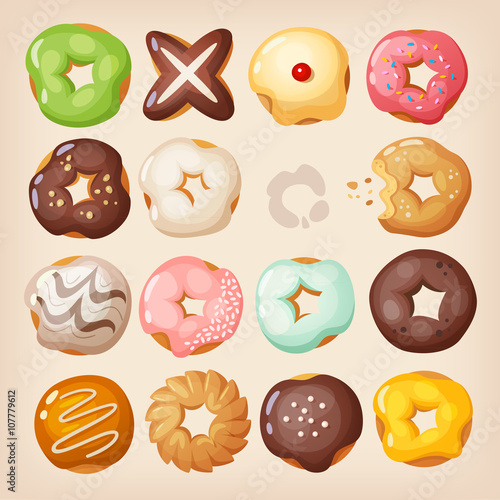 Set of colorful delicious doughnuts of different kinds in a box