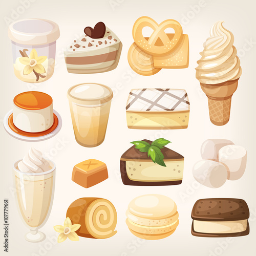 Set of delicious sweets and desserts with vanilla flavor for valentine day