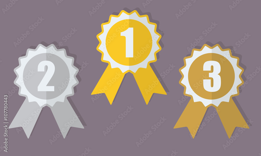 Gold, silver and bronze medals or award ribbons set. Vector icons of winning symbols. Gold, silver and bronze medals or award ribbons set. Vector icons of winning symbols.