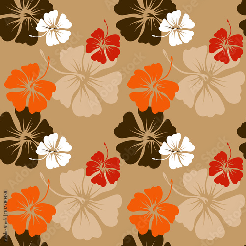 seamless pattern with hand drawn hibiscus flowers on the beige background vector