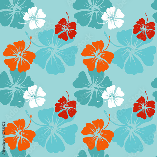 seamless pattern with hand drawn hibiscus flowers on the blue background vector