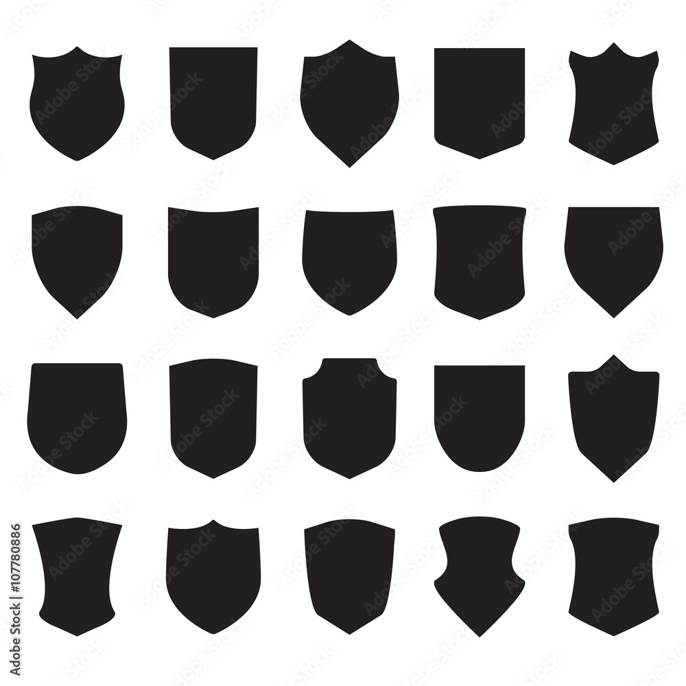 Shield icons set. Different black shield shapes isolated on white ...