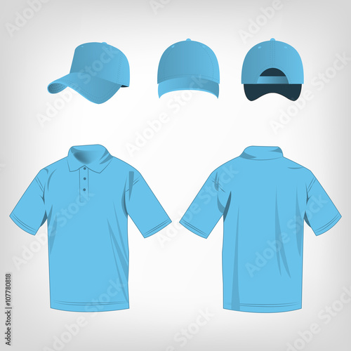 Sport baby blue polo shirt and baseball cap isolated set vector