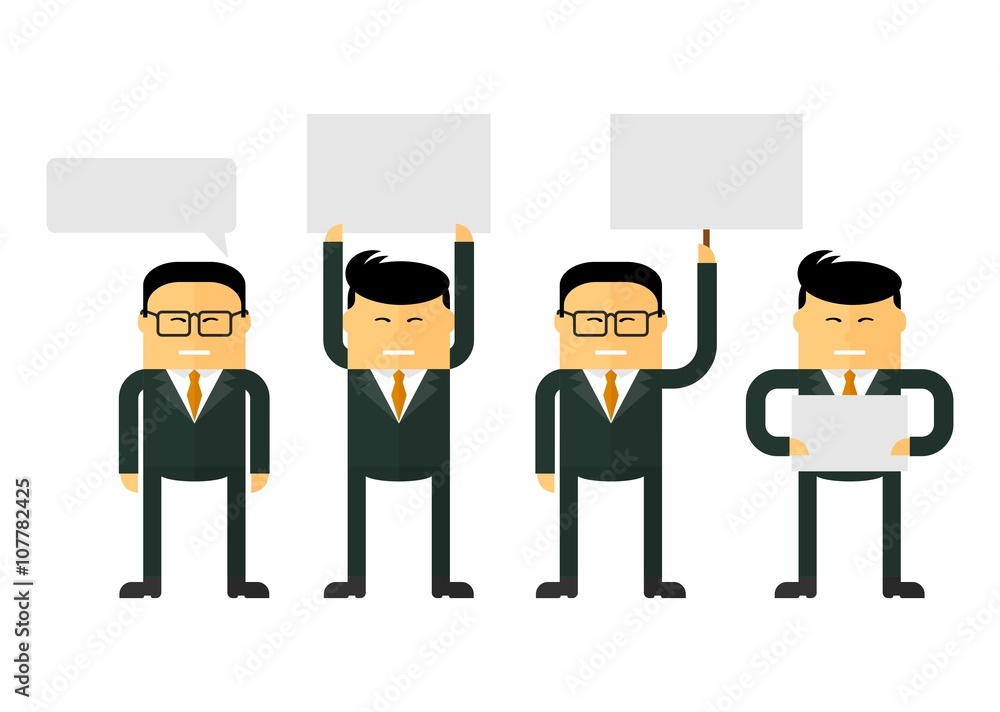 Chinese businessmen are holding signs. Various informational messages.Team work concept. Conceptual image of a businessman character.Cartoon flat vector illustration. Objects isolated on a background. Chinese businessmen are holding signs. Various informational messages.Team work concept. Conceptual image of a businessman character.Cartoon flat vector illustration. Objects isolated on a background.