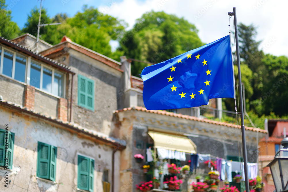 European Union flag over beautiful town of Nemi