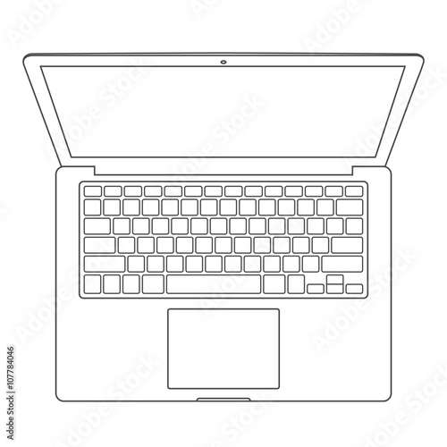 Top view of blank laptop computer with keyboard template - mono line, vector illustration eps 10