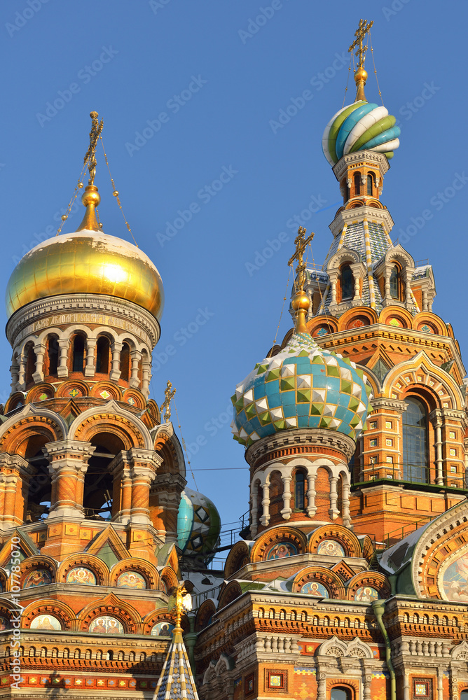 Domes of Church of the Savior on Spilled Blood in St. Petersburg. Russia