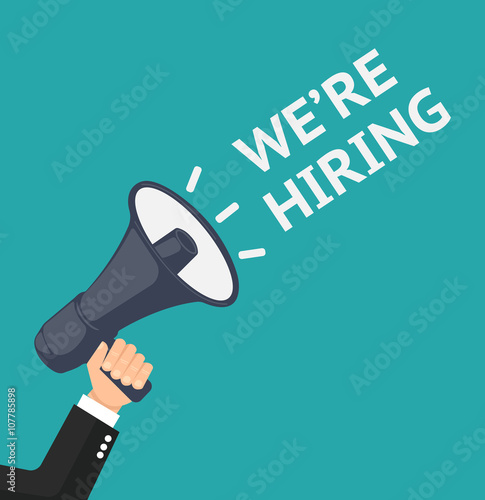 Hand holding megaphone with bubble speech hiring template
