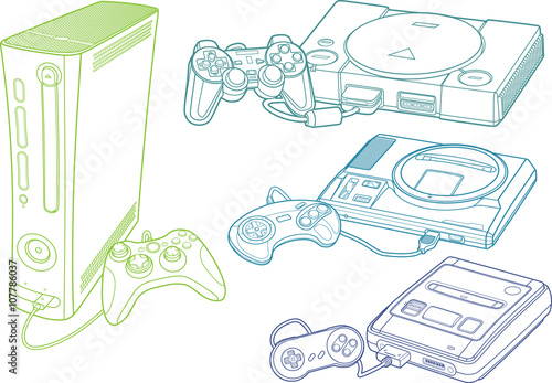 Consoles in line art style for print or web design