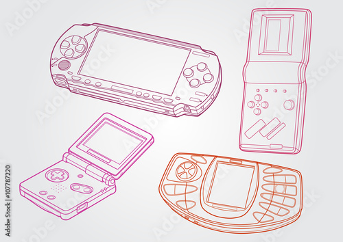 Portable game devices in line art style for print or web design