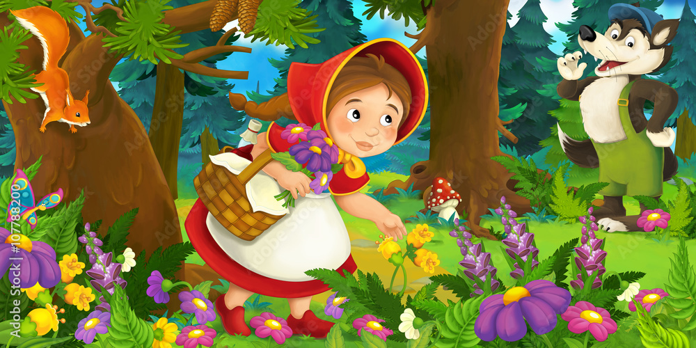 Cartoon scene of young girl meeting a wolf - illustration for children Cartoon scene of young girl meeting a wolf - illustration for children