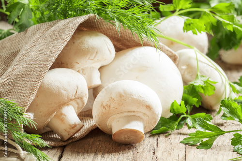 White mushrooms in a canvas bag, vintage wooden background, rust
