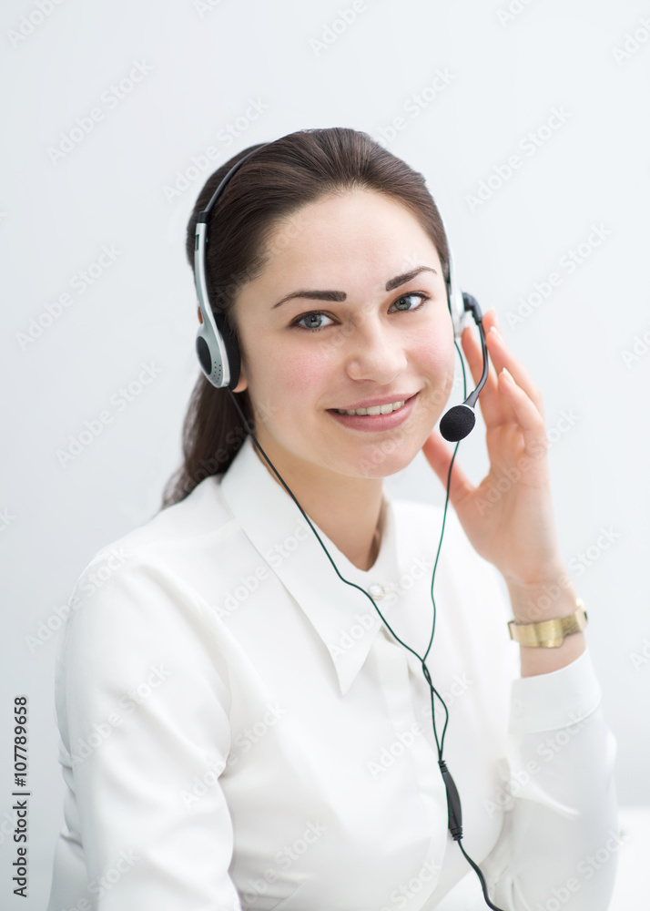 smiling business woman with headphones smiling business woman with headphones