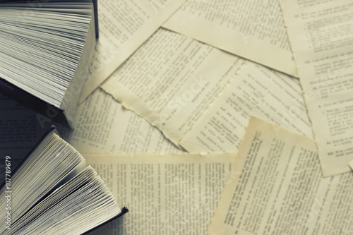 Two open books on a background of scattered dictionary pages. Top view . Toned in blue