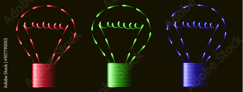 Neon red blue green light bulbs, idea, black background