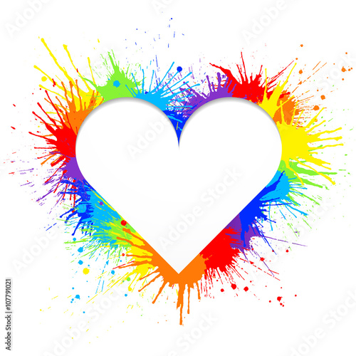 Heart shaped frame made of rainbow paint splashes on white background  Vector illustration.