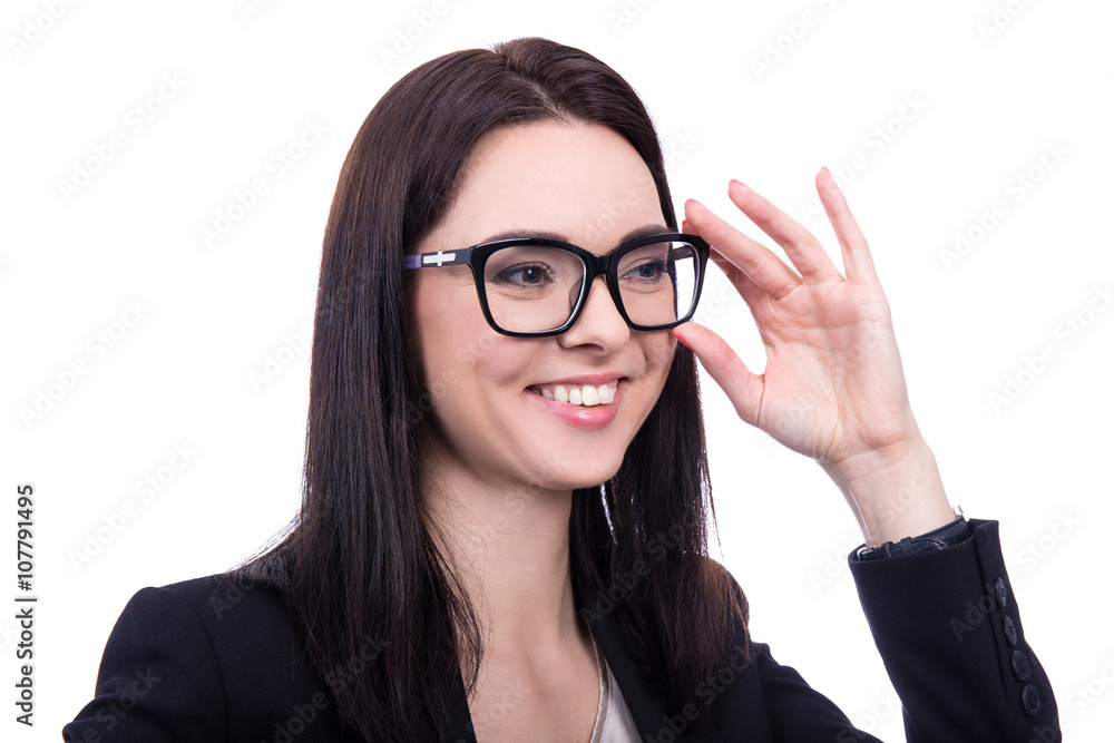 close up portrait of happy business woman in eyeglasses isolated close up portrait of happy business woman in eyeglasses isolated