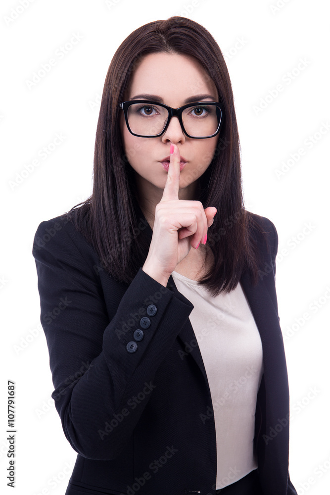 pretty business woman making silence sign isolated on white