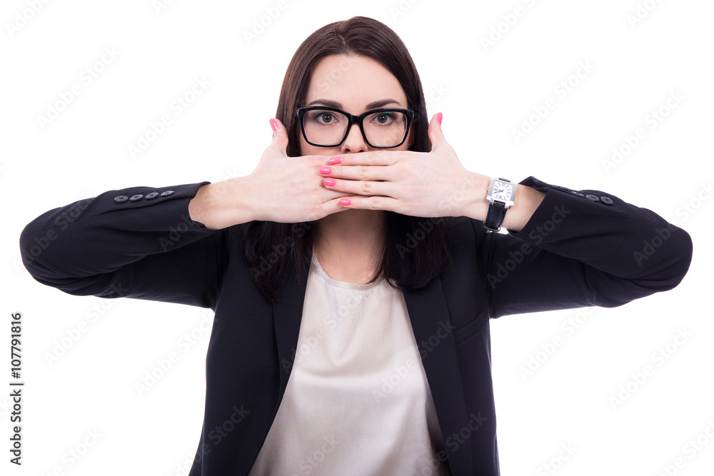 censor - stressed young business woman covering her mouth isolat censor - stressed young business woman covering her mouth isolat