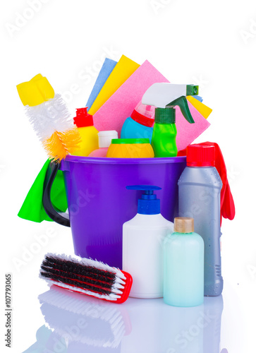 Cleaning kit on white background. Tools for cleaning. Cleaning agents, spray, rubber gloves. Flat Lay