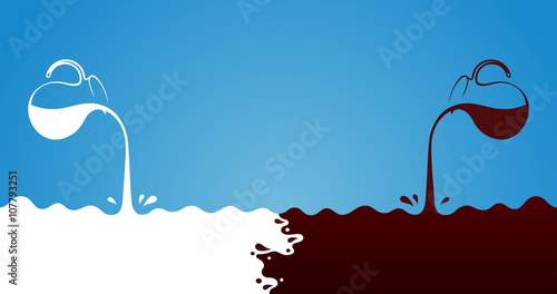 Milk hot chocolate flows from jug. Spray drops wave the white and brown on blue background