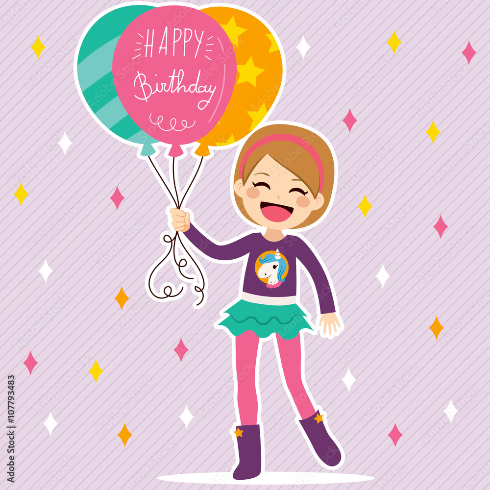Little cute girl with balloons and happy birthday text Little cute girl with balloons and happy birthday text