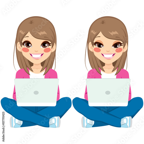 Young beautiful teenager girl sitting on floor with white laptop on two different face expressions