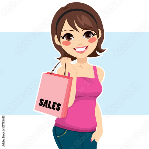 Beautiful young brunette woman shopping sales holding pink bag
