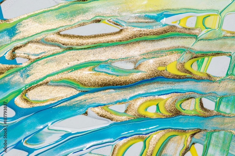 Malerei/ Gemälde aus Streifen in Gold, Gelb, Grün und Blau, Gouache- Farben, als Hintergrund