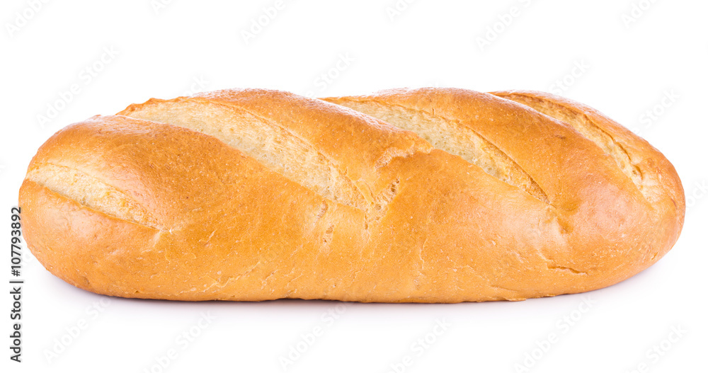 White wheaten long loaf on a white background. Bread close-up.